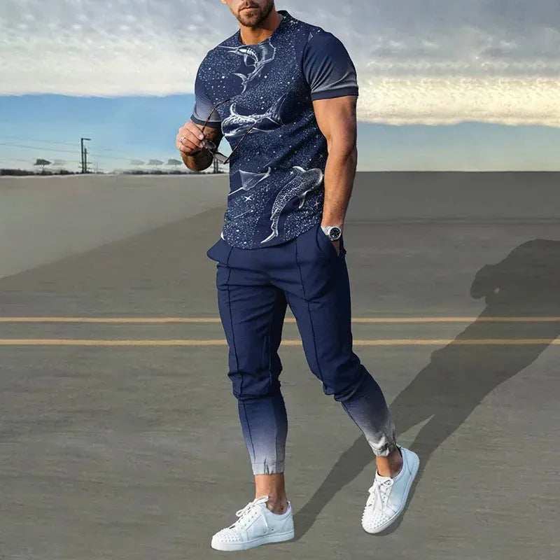 Men's lightweight polyester sports tracksuit set with short sleeve top and trousers on a mannequin.