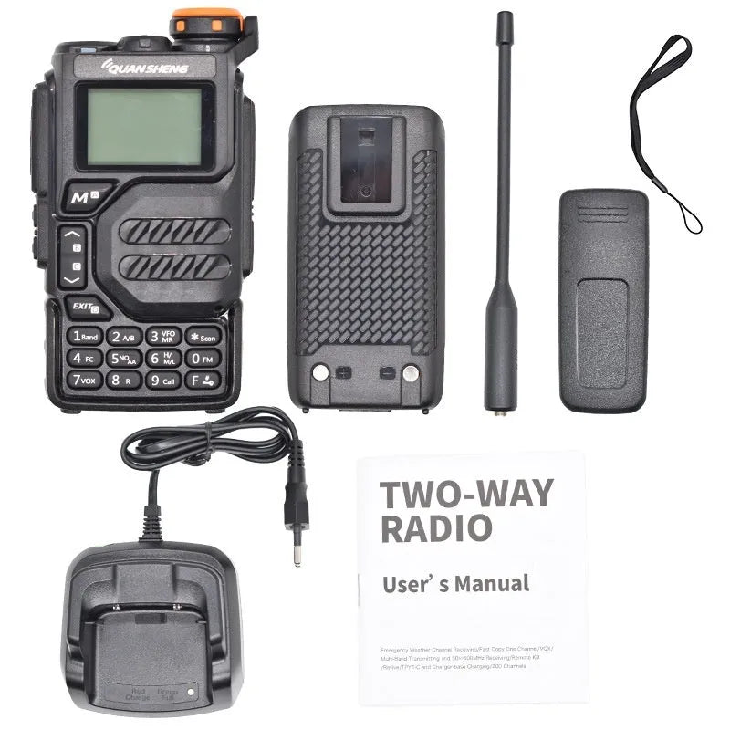 Black 5W multi-band walkie-talkie with lithium battery and antenna on plain background