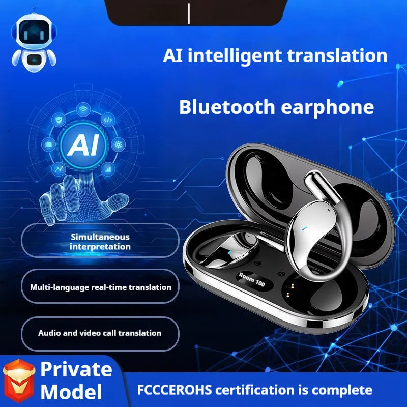 Beige and black portable sports Bluetooth earphones with over-ear hook design on a white background.