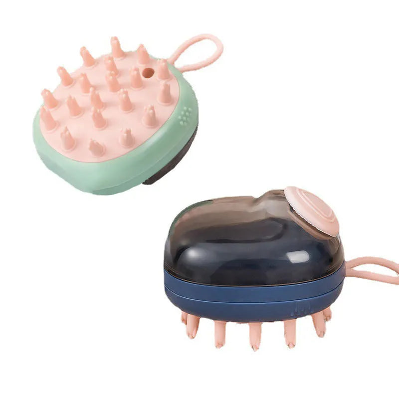 Blue 2-in-1 pet grooming brush with soft silicone bristles and shampoo dispenser on a light background