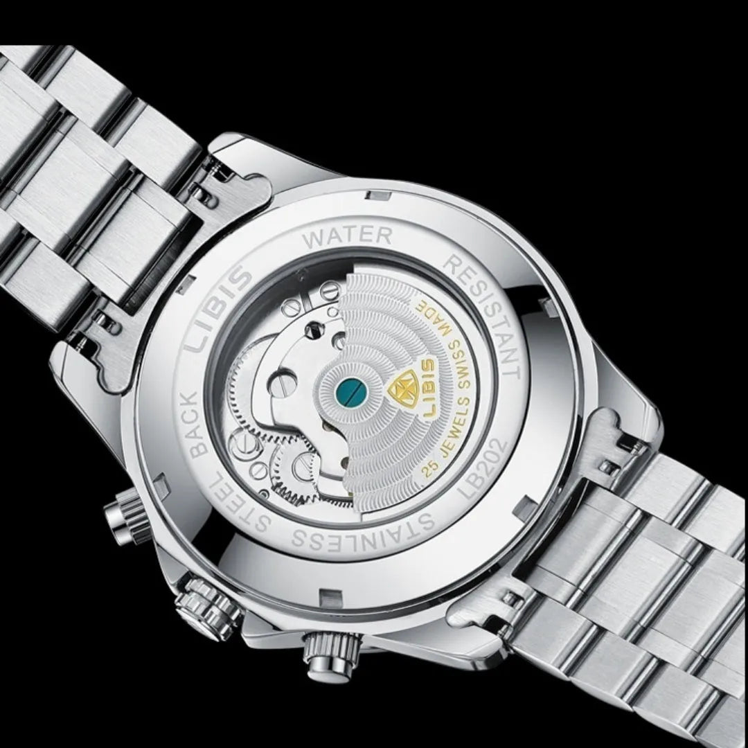 Men's silver steel automatic perpetual calendar mechanical watch with sapphire crystal glass