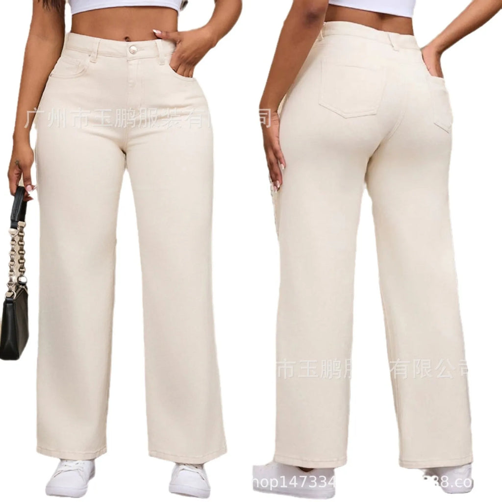 Women's high waist wide leg straight jeans in apricot colour with elastic cotton fabric