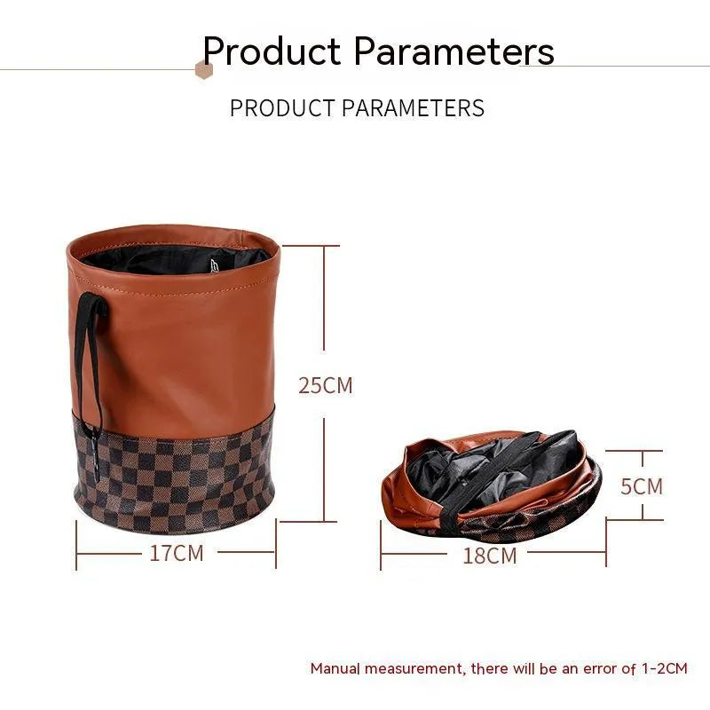 Leather retractable car trash can shown in product picture with foldable design