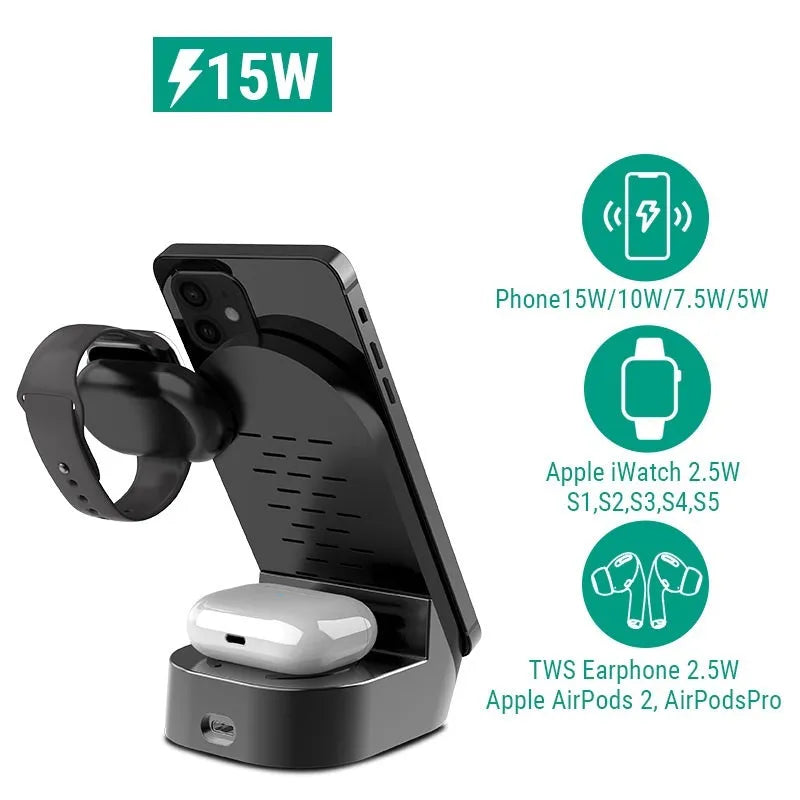 Black grey foldable 3-in-1 wireless charging vertical stand for phone watch and earbuds