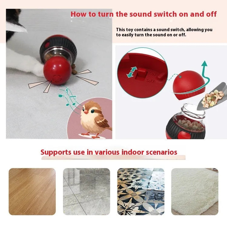 Rotating cat food dropping ball toy with toy cat design and super ball colour option