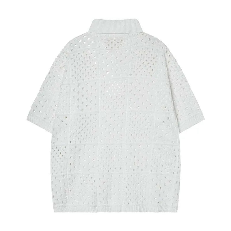 Solid colour hollow knit short sleeve polo shirt in loose fit design