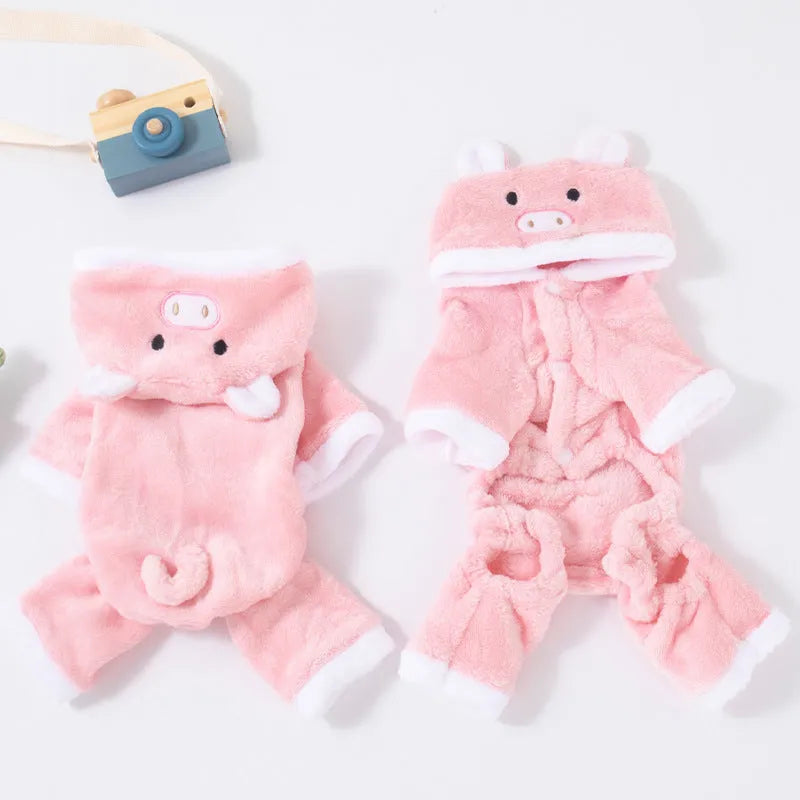 Fleece-lined thermal coral fleece pig pet costume for cats and small dogs, cartoon style, available in six sizes