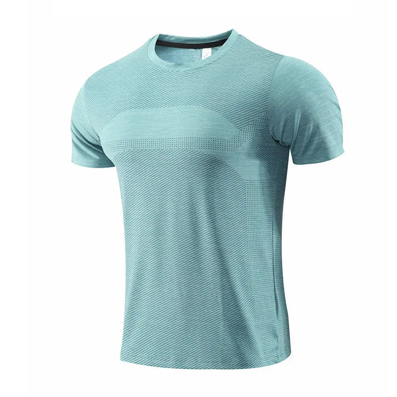 Men's short sleeve sports t-shirt in polyester spandex fabric for running and basketball.