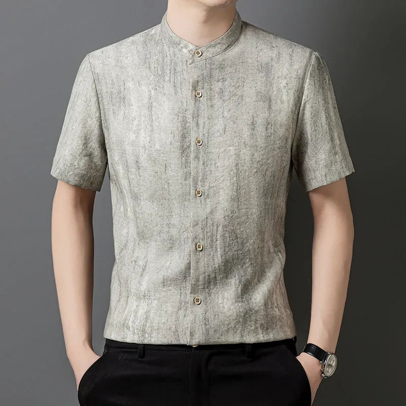 Men's solid colour linen shirt with stand collar in loose cardigan style