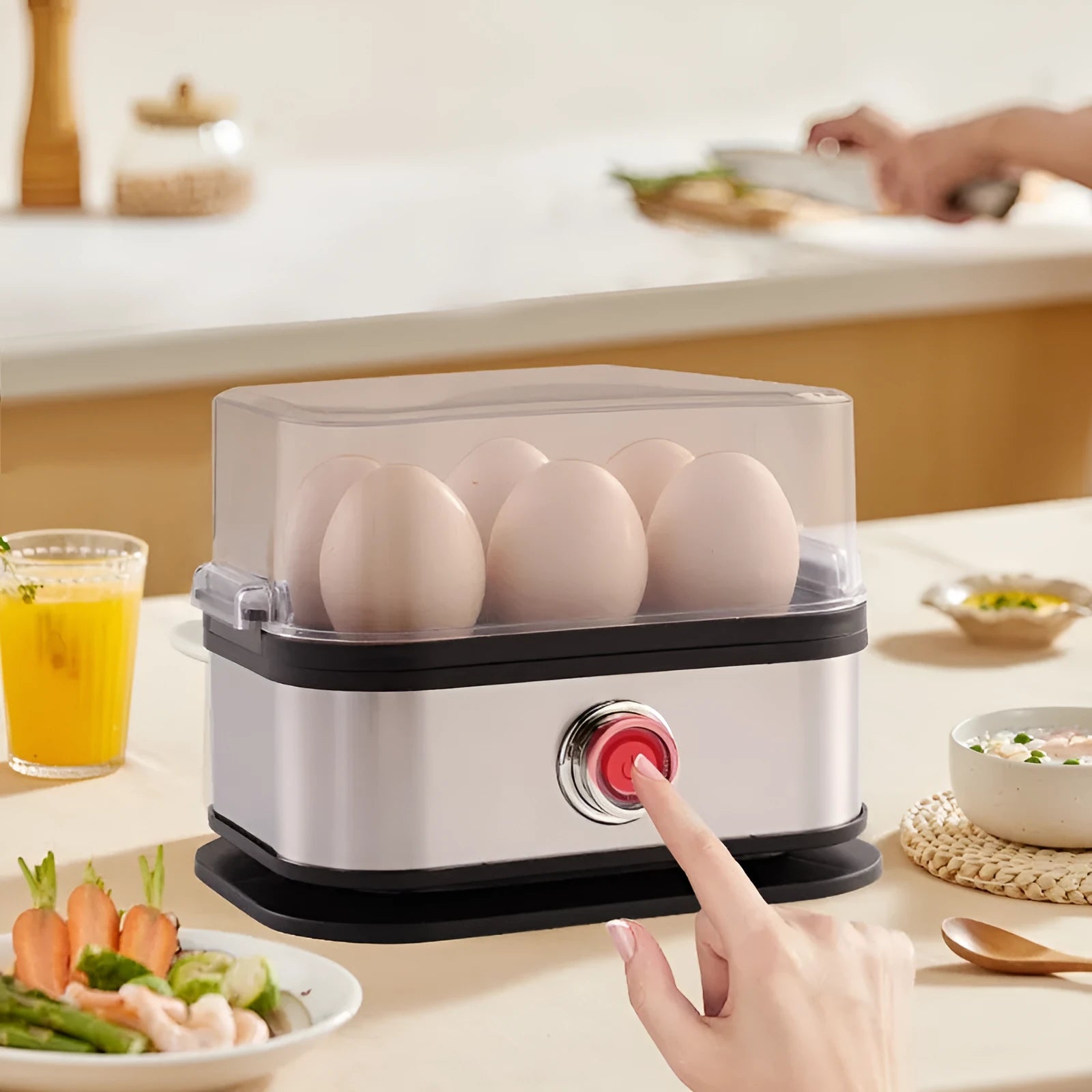 Black mini portable stainless steel egg boiler with universal voltage compatibility