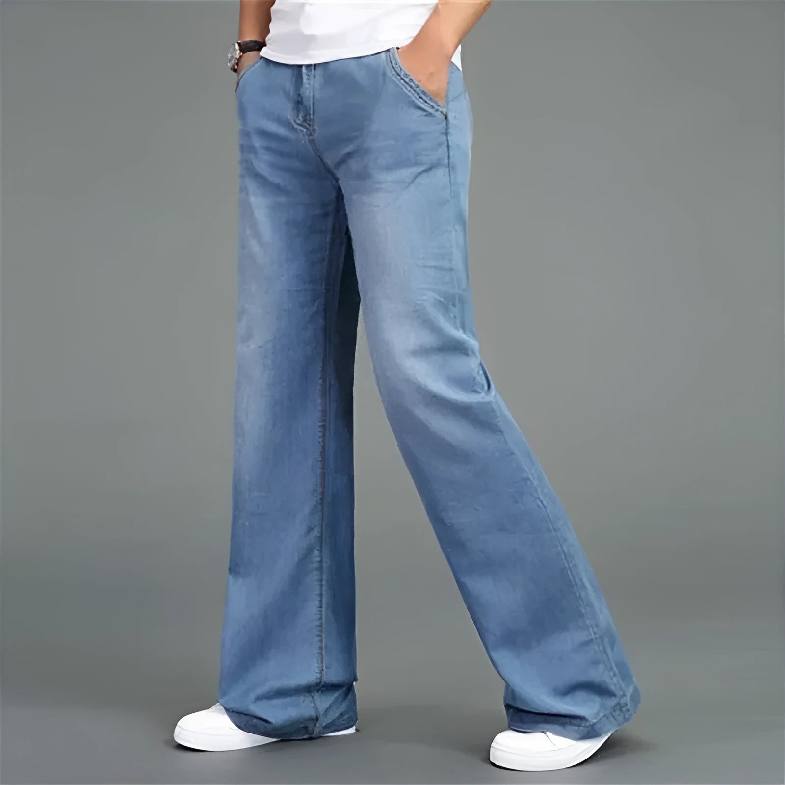 Men's loose wide-leg flared jeans in solid colour, polyester fibre construction, available in multiple waist sizes