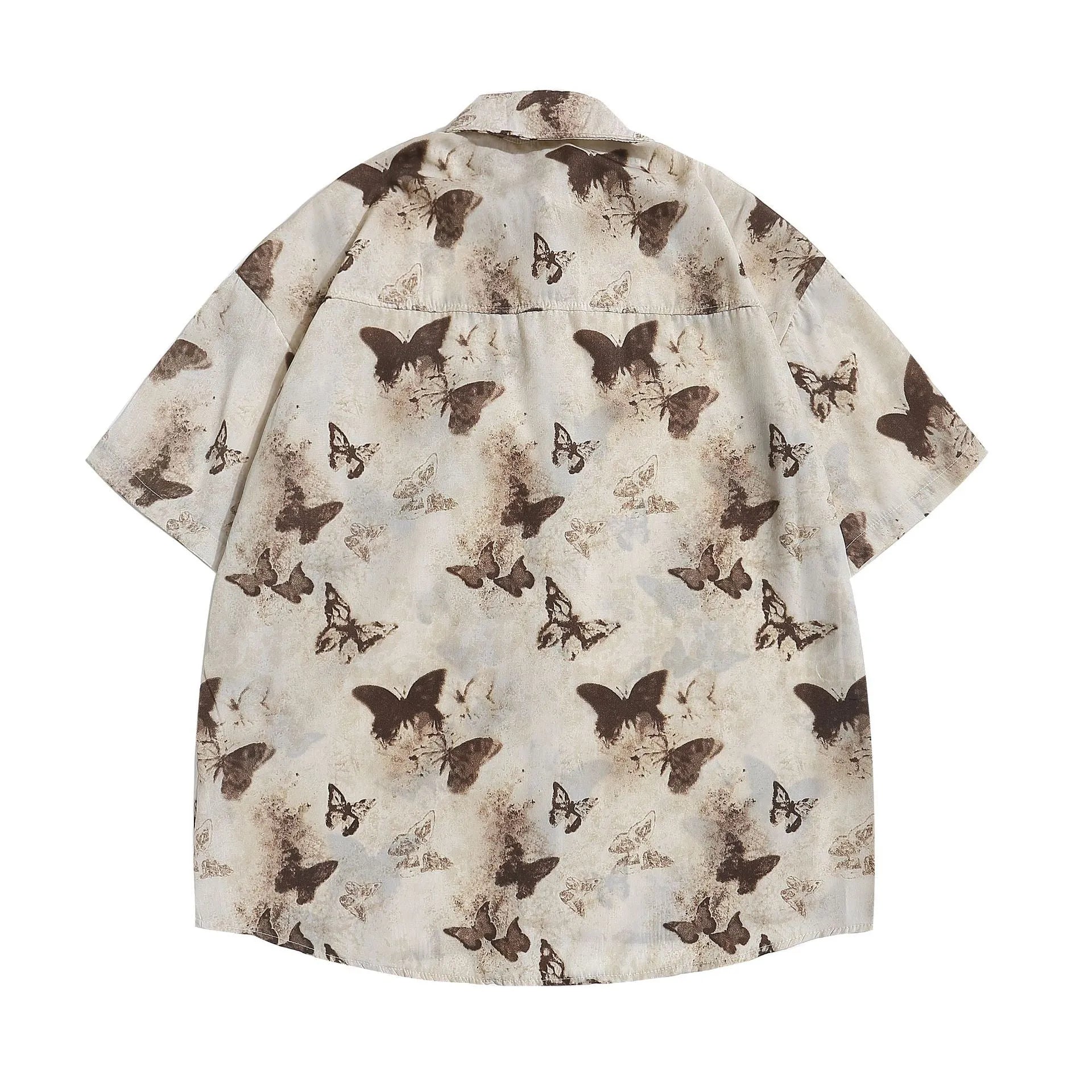 Loose fit butterfly pattern half sleeve polyester top in gray and khaki colour options