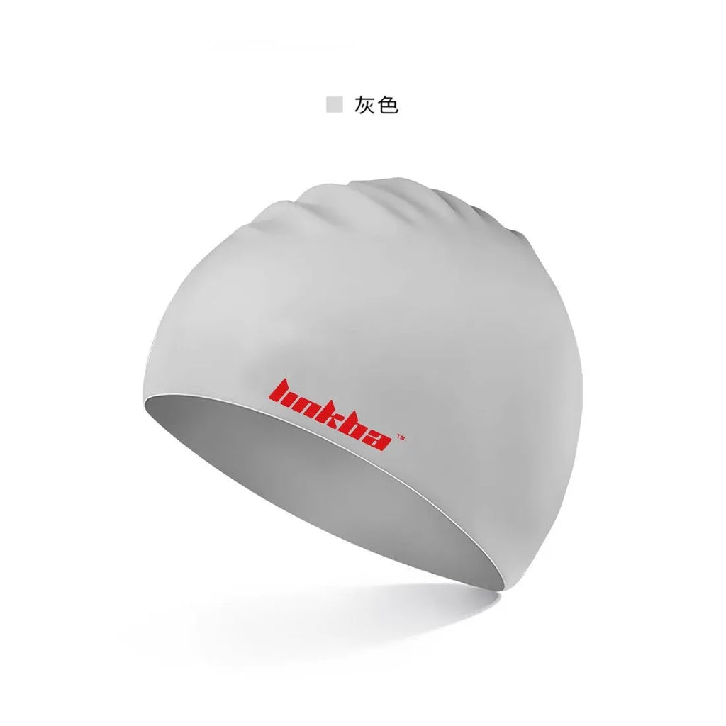 Silicone swimming cap with earmuff design and letters pattern in five colour options.