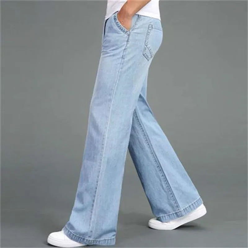 Men's loose wide-leg flared jeans in solid colour, polyester fibre construction, available in multiple waist sizes