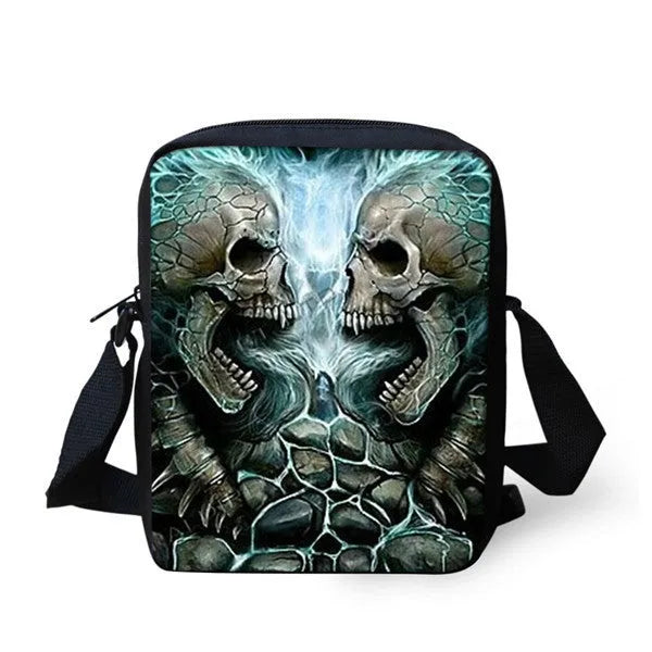 Children's skull pattern messenger bag in polyester, showing double straps and zipper opening.