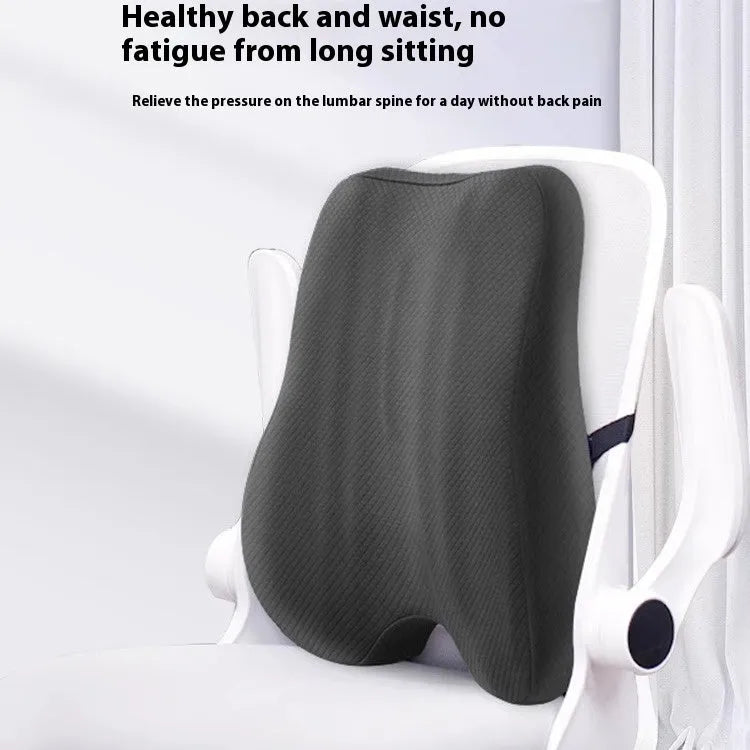 Gray lumbar support cushion for office chair, dimensions 40x40x8cm, shown on a desk chair.