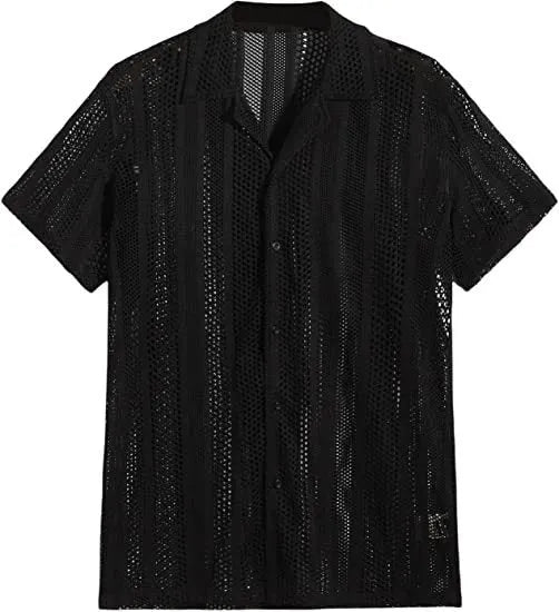 Men's black knitted short-sleeved button shirt with jacquard texture, regular fit cardigan
