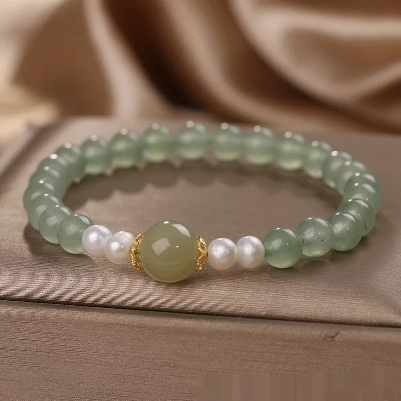 Hetian jade pearl bracelet for women, geometric round beads, Jasper Pearl colour, electroplated finish