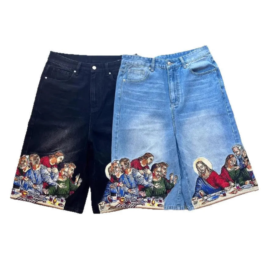 Blue men's tapered cotton shorts with a Jesus print on the back pocket