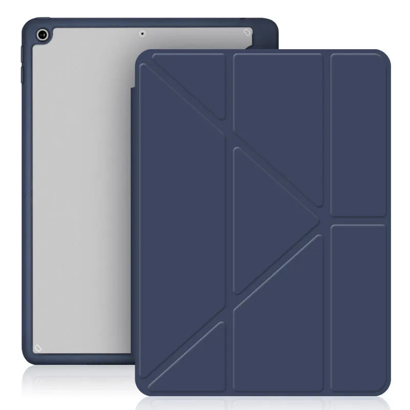 Slim imitation leather iPad case in dark grey with Y-fold bracket open and Apple Pencil in built-in slot.