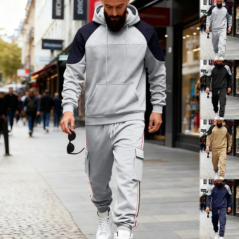 Loose colour-block polyester hoodie and matching sweatpants set in Black and other colour options