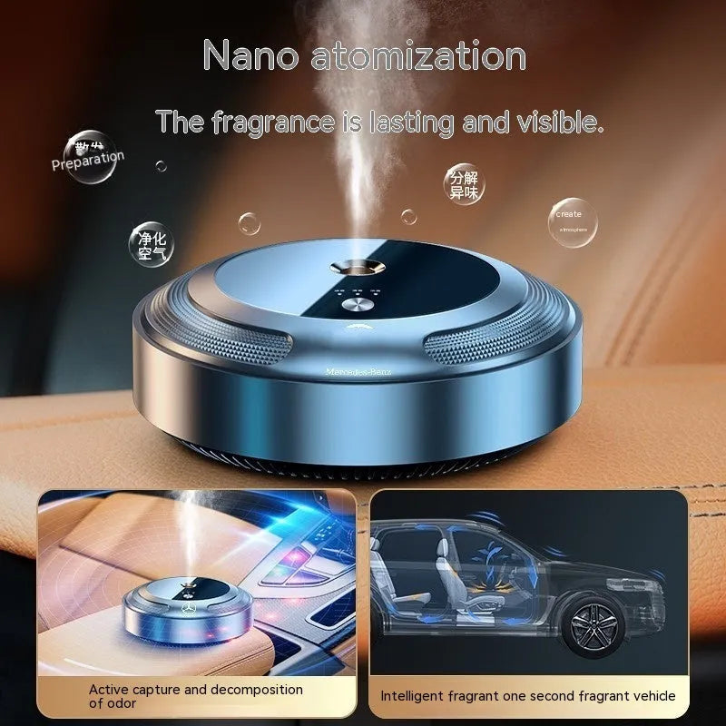 Compact zinc alloy car air freshener diffuser with automatic spray and three refill bottles.