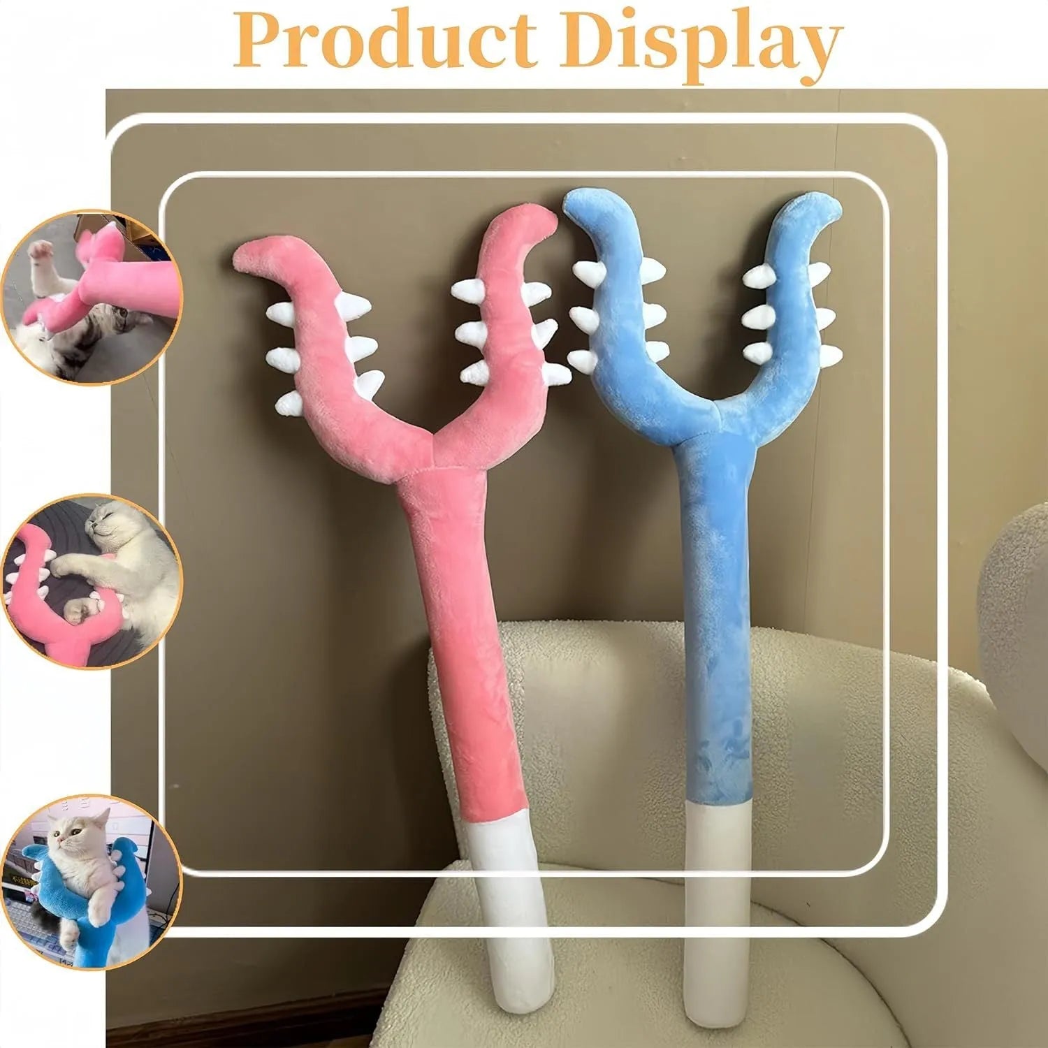 Blue and pink plush cat wand toy with 70cm length for interactive indoor play