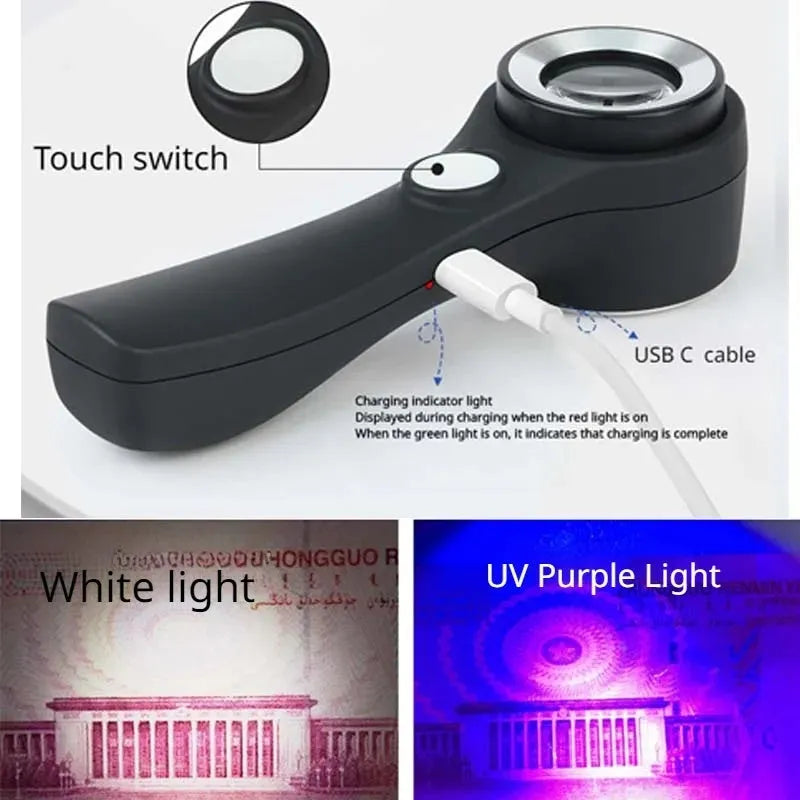Professional magnifying glass with optical glass lens for jewellery tobacco alcohol appraisal in black or silver finish