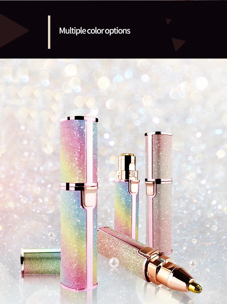 Lipstick-shaped ladies electric eyebrow trimmer with gold plated head in rainbow colour
