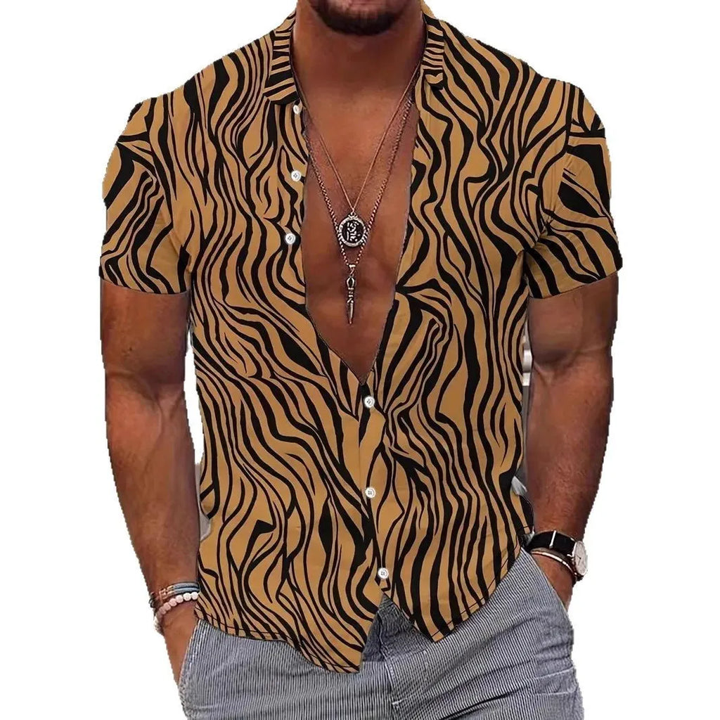 Men's slim fit geometric line printing lapel short sleeve shirt in cardigan style