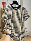 Black striped men's loose casual short sleeve pullover shirt made from linen and silk blend.