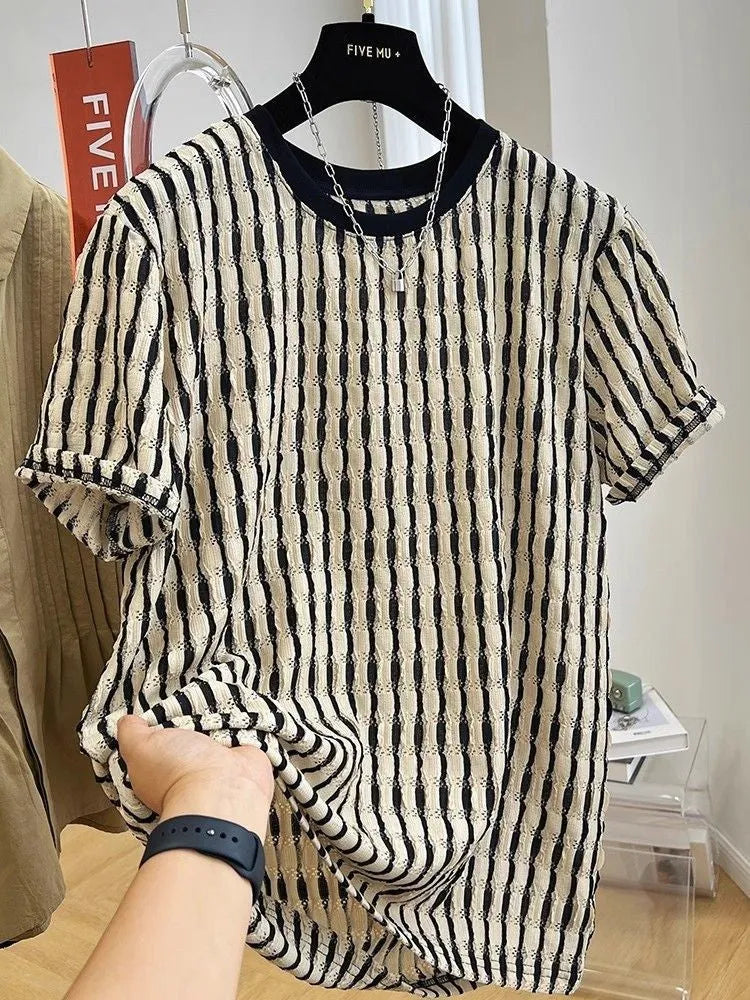 Black striped men's loose casual short sleeve pullover shirt made from linen and silk blend.