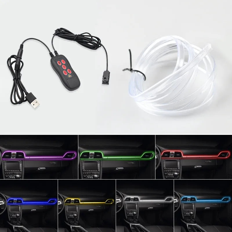 Car centre console LED ambient light bar with USB plug, multi-colour glow, 3m or 5m length button model