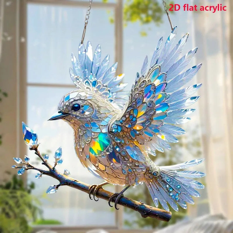 Square acrylic bird pendant decoration with cartoon design, shown in two size options for holiday displays.