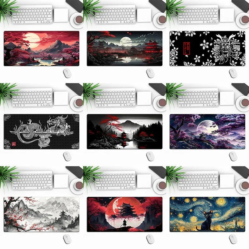 Large black gaming mouse pad with an anime character print, lying flat on a wooden desk.