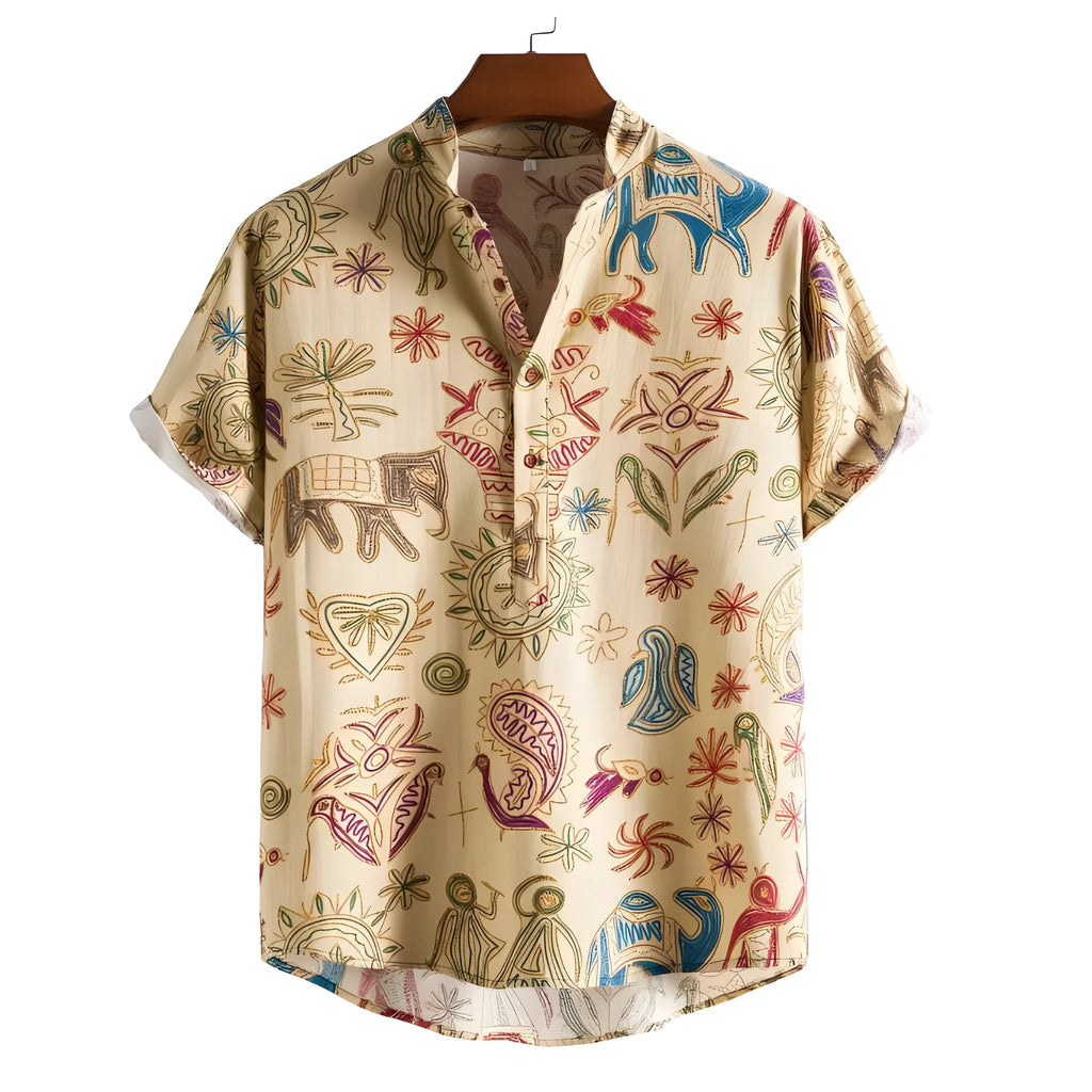 Man wearing a plus-size loose-fit cardigan shirt with a colourful 3D digital print design.