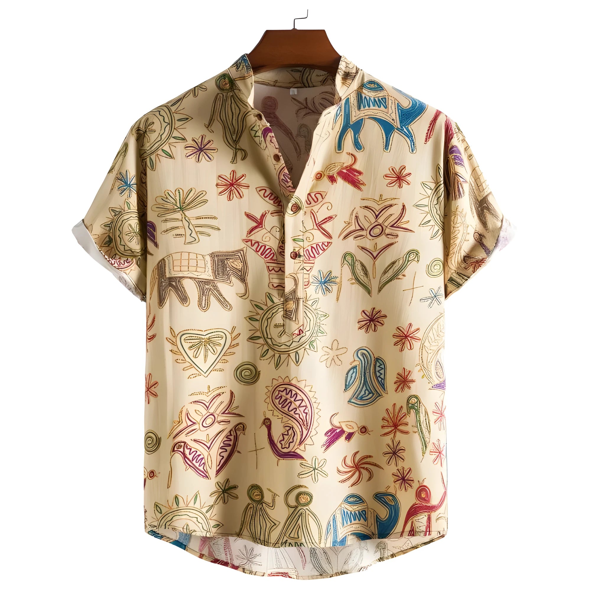 Man wearing a plus-size loose-fit cardigan shirt with a colourful 3D digital print design.