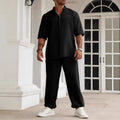 Men's cotton linen casual short-sleeved shirt and trousers set in apricot, black, or grey colours