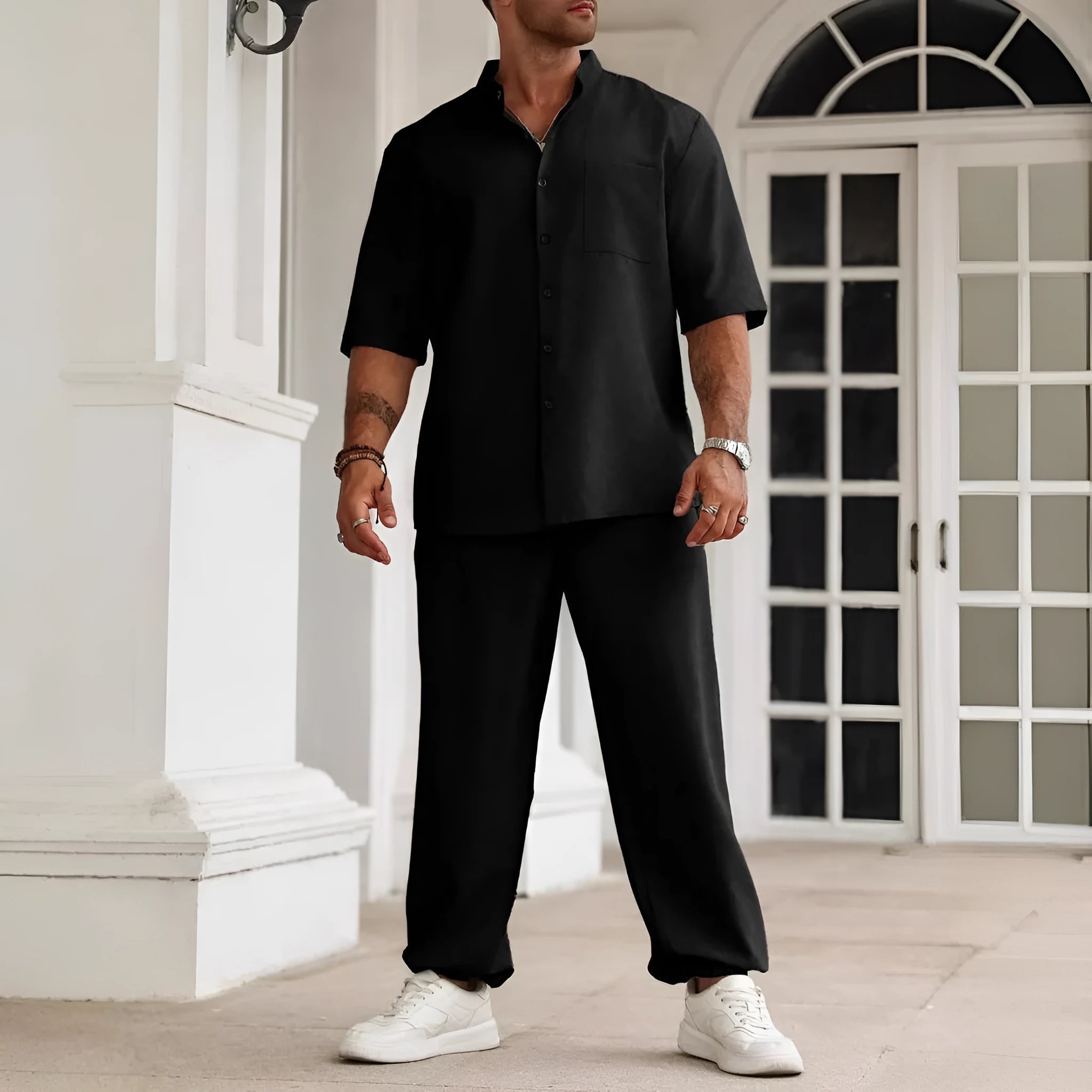 Men's cotton linen casual short-sleeved shirt and trousers set in apricot, black, or grey colours
