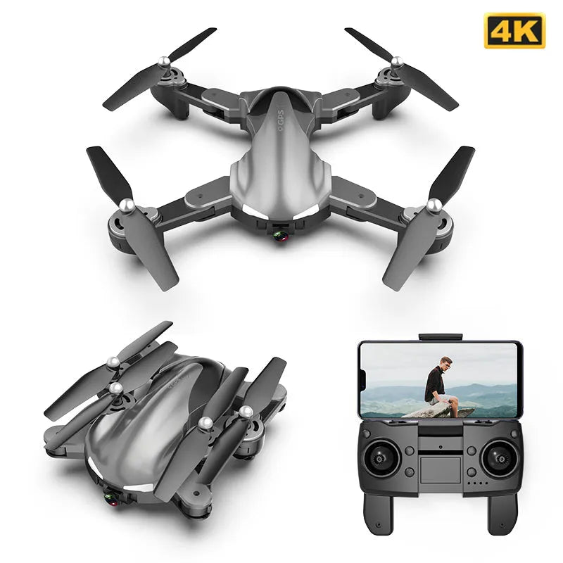 Black and gray four axis drone with 1080P camera, 33.2 cm width, on a plain background