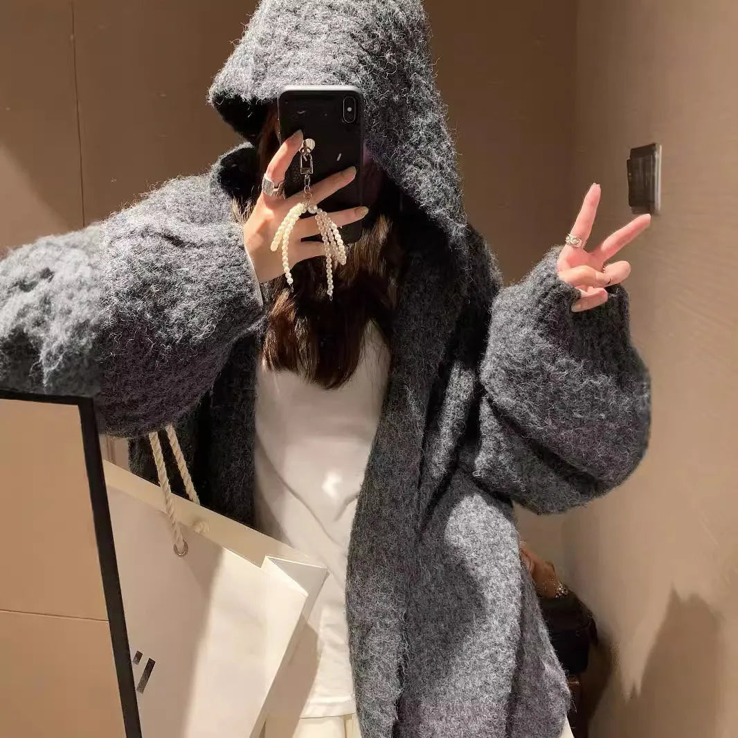 Women's dark grey retro hooded cardigan with thick knit and loose fit, shown open as a sweater.