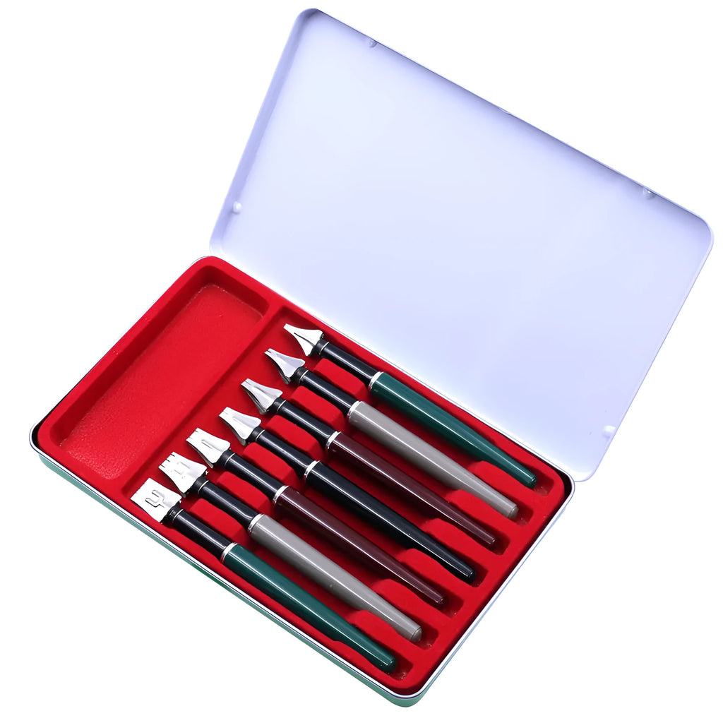 Right Point 7-piece calligraphy pen set with black ink, stainless steel tips, plastic metal penholders, widths 2MM to 11MM