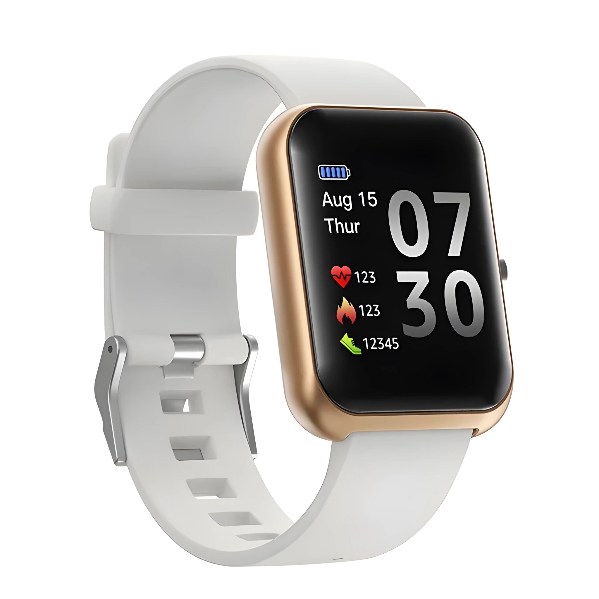 Square smart watch with silicone strap on wrist showing Bluetooth connectivity and aluminium case