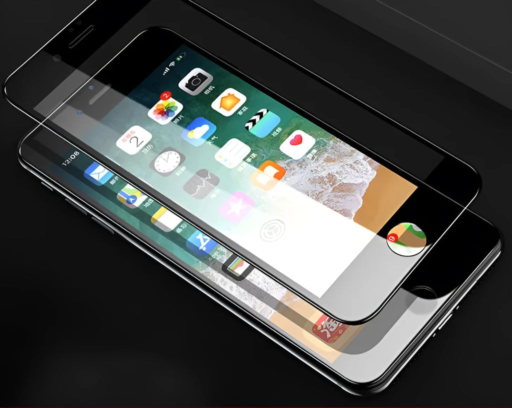 Black and white tempered glass screen protectors for iPhone with 3D carbon fibre soft edge design.