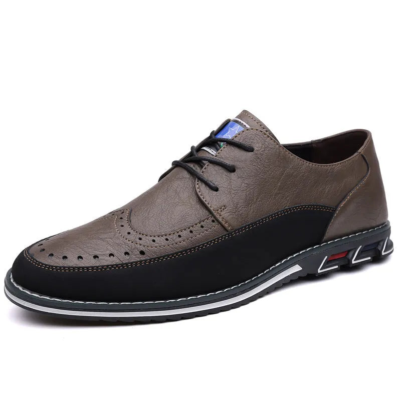 Men's casual leather shoes in black with a fabric upper, leather toe cap, rubber sole, and decorative stitching.