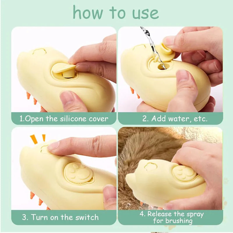 Pet steamy brush grooming tool with 3-in-1 functionality for cats and dogs