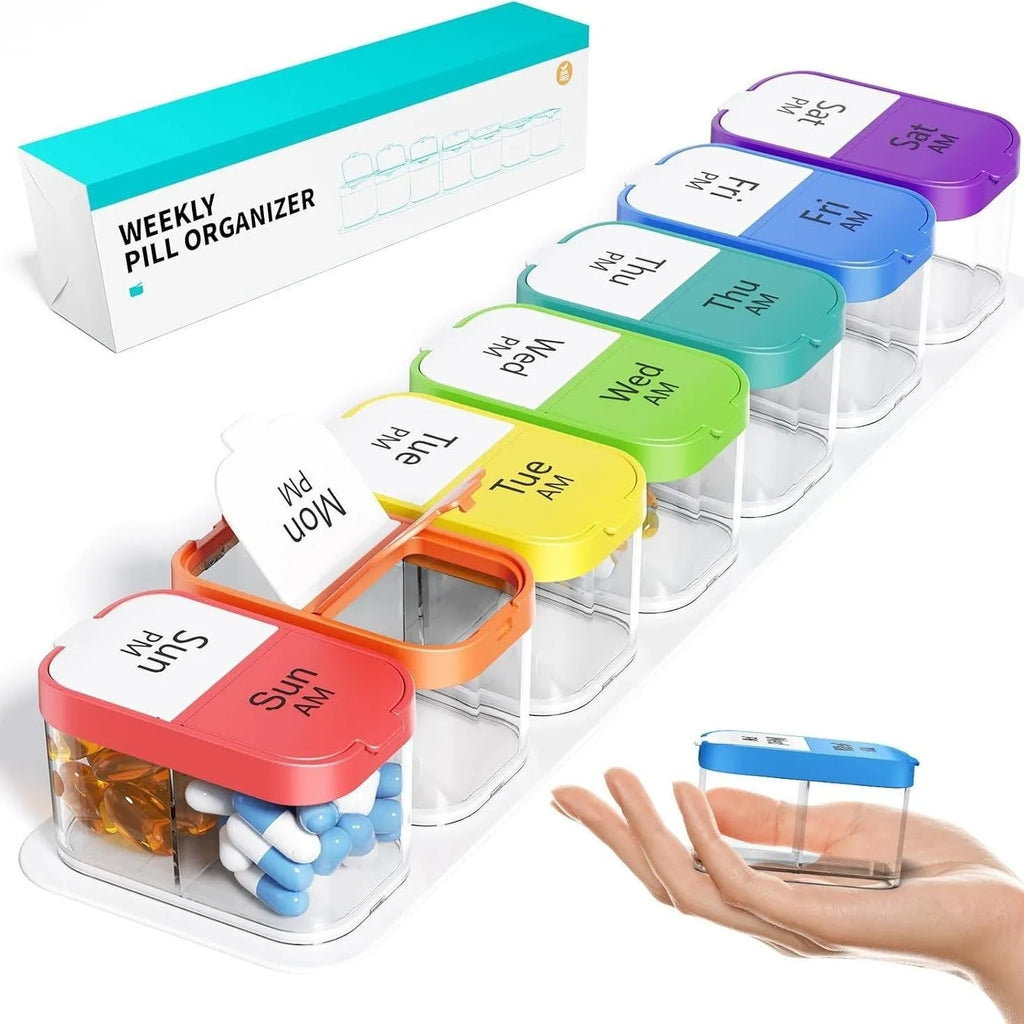 Portable 14-compartment pill box organiser with removable daily dose compartments in rainbow colour