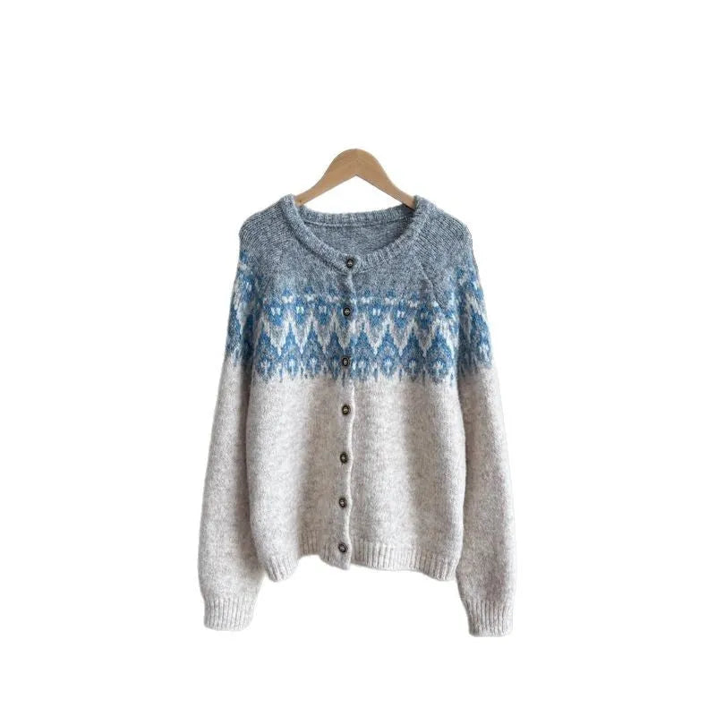 Women's loose-fit jacquard knit sweater coat in milky white, brown, or navy blue.