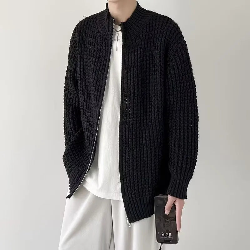 Men's autumn cardigan coat in black with loose fit and rabbit hair blend fabric
