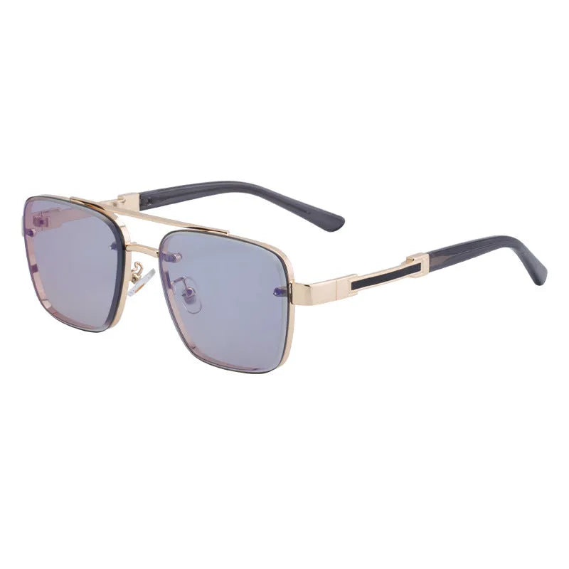 Men's vintage sunglasses with gold frame and gray lenses in European style design.